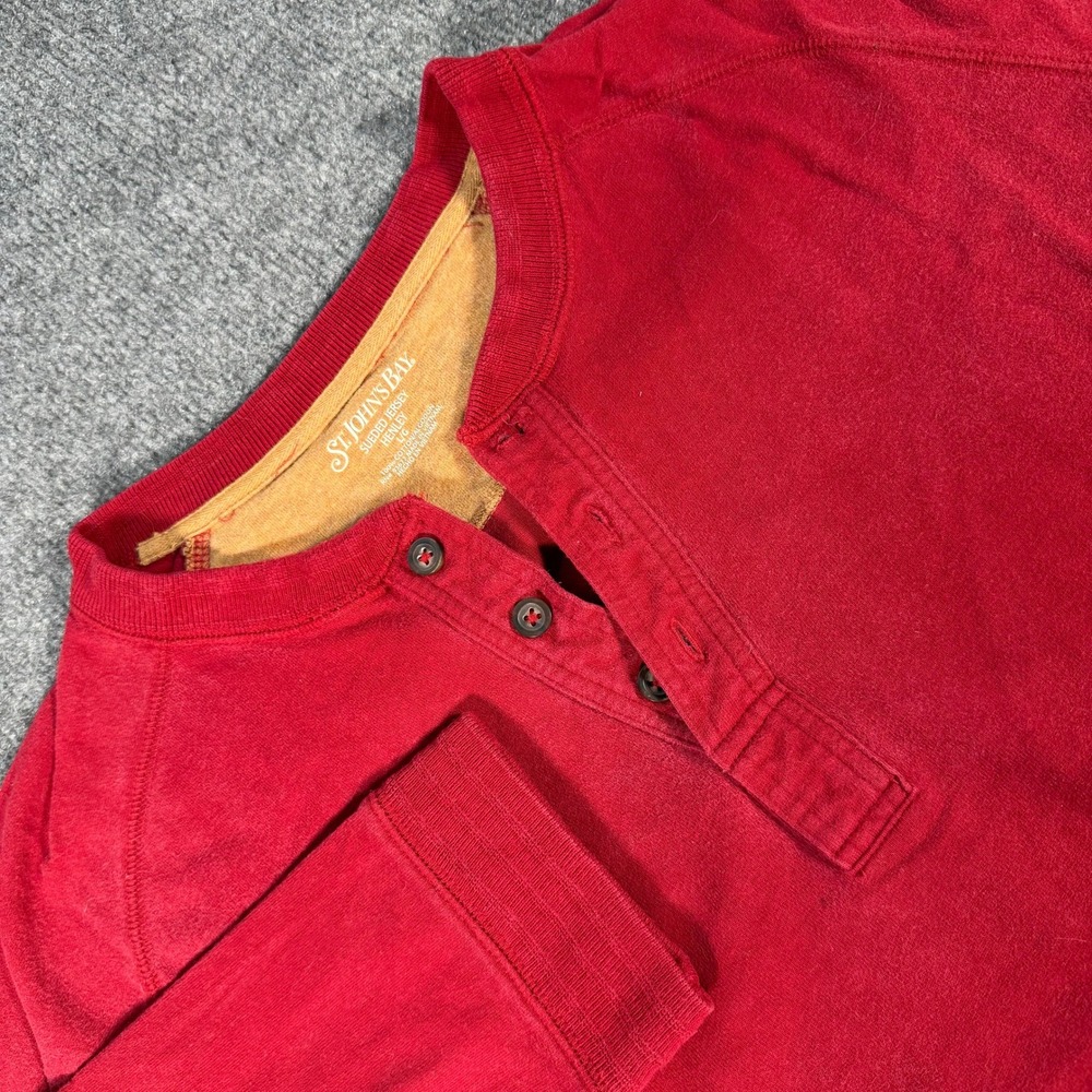 St. Johns Bay Mens Red Sueded Jersey Henley Long Sleeve Cotton Shirt L #4578